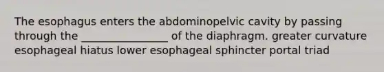 <a href='https://www.questionai.com/knowledge/kSjVhaa9qF-the-esophagus' class='anchor-knowledge'>the esophagus</a> enters the abdominopelvic cavity by passing through the ________________ of the diaphragm. greater curvature esophageal hiatus lower esophageal sphincter portal triad