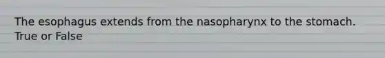 <a href='https://www.questionai.com/knowledge/kSjVhaa9qF-the-esophagus' class='anchor-knowledge'>the esophagus</a> extends from the nasopharynx to <a href='https://www.questionai.com/knowledge/kLccSGjkt8-the-stomach' class='anchor-knowledge'>the stomach</a>. True or False