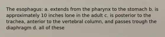 The esophagus: a. extends from the pharynx to the stomach b. is approximately 10 inches lone in the adult c. is posterior to the trachea, anterior to the vertebral column, and passes trough the diaphragm d. all of these