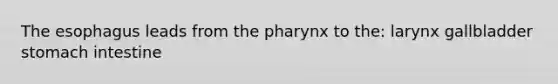 The esophagus leads from the pharynx to the: larynx gallbladder stomach intestine