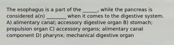 The esophagus is a part of the ______, while the pancreas is considered a(n) ________ when it comes to the digestive system. A) alimentary canal; accessory digestive organ B) stomach; propulsion organ C) accessory organs; alimentary canal component D) pharynx; mechanical digestive organ