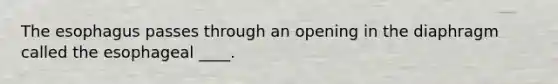 <a href='https://www.questionai.com/knowledge/kSjVhaa9qF-the-esophagus' class='anchor-knowledge'>the esophagus</a> passes through an opening in the diaphragm called the esophageal ____.