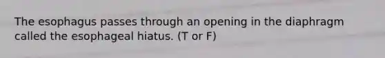 <a href='https://www.questionai.com/knowledge/kSjVhaa9qF-the-esophagus' class='anchor-knowledge'>the esophagus</a> passes through an opening in the diaphragm called the esophageal hiatus. (T or F)