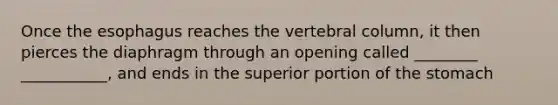 Once <a href='https://www.questionai.com/knowledge/kSjVhaa9qF-the-esophagus' class='anchor-knowledge'>the esophagus</a> reaches the <a href='https://www.questionai.com/knowledge/ki4fsP39zf-vertebral-column' class='anchor-knowledge'>vertebral column</a>, it then pierces the diaphragm through an opening called ________ ___________, and ends in the superior portion of <a href='https://www.questionai.com/knowledge/kLccSGjkt8-the-stomach' class='anchor-knowledge'>the stomach</a>