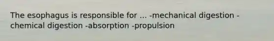 The esophagus is responsible for ... -mechanical digestion -chemical digestion -absorption -propulsion