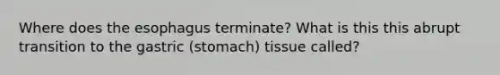 Where does <a href='https://www.questionai.com/knowledge/kSjVhaa9qF-the-esophagus' class='anchor-knowledge'>the esophagus</a> terminate? What is this this abrupt transition to the gastric (stomach) tissue called?