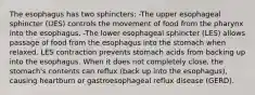 The esophagus has two sphincters: -The upper esophageal sphincter (UES) controls the movement of food from the pharynx into the esophagus. -The lower esophageal sphincter (LES) allows passage of food from the esophagus into the stomach when relaxed. LES contraction prevents stomach acids from backing up into the esophagus. When it does not completely close, the stomach's contents can reflux (back up into the esophagus), causing heartburn or gastroesophageal reflux disease (GERD).