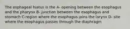 The esphageal hiatus is the A- opening between the esophagus and the pharynx B- junction between the esophagus and stomach C-region where the esophagus joins the larynx D- site where the esophagus passes through the diaphragm