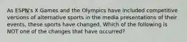 As ESPN's X Games and the Olympics have included competitive versions of alternative sports in the media presentations of their events, these sports have changed. Which of the following is NOT one of the changes that have occurred?