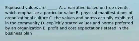 Espoused values are _____. A. a narrative based on true events, which emphasize a particular value B. physical manifestations of organizational culture C. the values and norms actually exhibited in the community D. explicitly stated values and norms preferred by an organization E. profit and cost expectations stated in the business plan