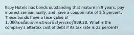 Espy Hotels has bonds outstanding that mature in 9 years, pay interest semiannually, and have a coupon rate of 5.5 percent. These bonds have a face value of 1,000 and a current market price of989.28. What is the company's aftertax cost of debt if its tax rate is 22 percent?