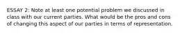 ESSAY 2: Note at least one potential problem we discussed in class with our current parties. What would be the pros and cons of changing this aspect of our parties in terms of representation.