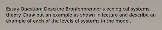 Essay Question: Describe Bronfenbrenner's ecological systems theory. Draw out an example as shown in lecture and describe an example of each of the levels of systems in the model.