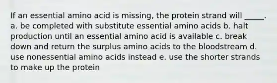 If an essential amino acid is missing, the protein strand will _____. a. be completed with substitute essential amino acids b. halt production until an essential amino acid is available c. break down and return the surplus amino acids to the bloodstream d. use nonessential amino acids instead e. use the shorter strands to make up the protein