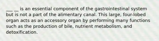 ___ __ is an essential component of the gastrointestinal system but is not a part of the alimentary canal. This large, four-lobed organ acts as an accessory organ by performing many functions such as the production of bile, nutrient metabolism, and detoxification.