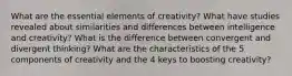 What are the essential elements of creativity? What have studies revealed about similarities and differences between intelligence and creativity? What is the difference between convergent and divergent thinking? What are the characteristics of the 5 components of creativity and the 4 keys to boosting creativity?