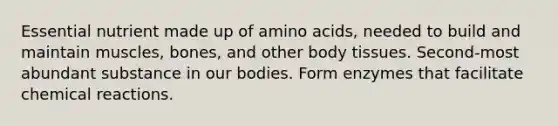 Essential nutrient made up of amino acids, needed to build and maintain muscles, bones, and other body tissues. Second-most abundant substance in our bodies. Form enzymes that facilitate chemical reactions.