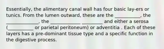 Essentially, the alimentary canal wall has four basic lay-ers or tunics. From the lumen outward, these are the ___________, the ______________, the _____________ _________ and either a serosa (___________ or parietal peritoneum) or adventitia . Each of these layers has a pre-dominant tissue type and a specific function in the digestive process.