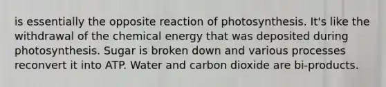 is essentially the opposite reaction of photosynthesis. It's like the withdrawal of the chemical energy that was deposited during photosynthesis. Sugar is broken down and various processes reconvert it into ATP. Water and carbon dioxide are bi-products.