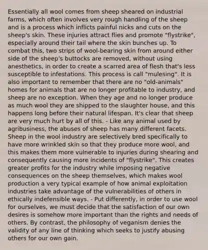 Essentially all wool comes from sheep sheared on industrial farms, which often involves very rough handling of the sheep and is a process which inflicts painful nicks and cuts on the sheep's skin. These injuries attract flies and promote "flystrike", especially around their tail where the skin bunches up. To combat this, two strips of wool-bearing skin from around either side of the sheep's buttocks are removed, without using anesthetics, in order to create a scarred area of flesh that's less susceptible to infestations. This process is call "mulesing". It is also important to remember that there are no "old-animals" homes for animals that are no longer profitable to industry, and sheep are no exception. When they age and no longer produce as much wool they are shipped to the slaughter house, and this happens long before their natural lifespan. It's clear that sheep are very much hurt by all of this. - Like any animal used by agribusiness, the abuses of sheep has many different facets. Sheep in the wool industry are selectively bred specifically to have more wrinkled skin so that they produce more wool, and this makes them more vulnerable to injuries during shearing and consequently causing more incidents of "flystrike". This creates greater profits for the industry while imposing negative consequences on the sheep themselves, which makes wool production a very typical example of how animal exploitation industries take advantage of the vulnerabilities of others in ethically indefensible ways. - Put differently, in order to use wool for ourselves, we must decide that the satisfaction of our own desires is somehow more important than the rights and needs of others. By contrast, the philosophy of veganism denies the validity of any line of thinking which seeks to justify abusing others for our own gain.