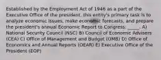 Established by the Employment Act of 1946 as a part of the Executive Office of the president, this entity's primary task is to analyze economic issues, make economic forecasts, and prepare the president's annual Economic Report to Congress: _____. A) National Security Council (NSC) B) Council of Economic Advisers (CEA) C) Office of Management and Budget (OMB) D) Office of Economics and Annual Reports (OEAR) E) Executive Office of the President (EOP)