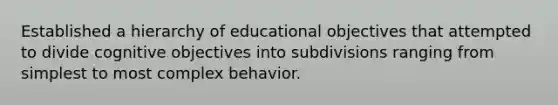 Established a hierarchy of educational objectives that attempted to divide cognitive objectives into subdivisions ranging from simplest to most complex behavior.