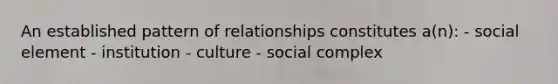 An established pattern of relationships constitutes a(n): - social element - institution - culture - social complex