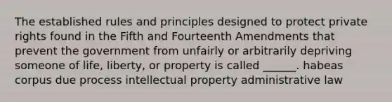 The established rules and principles designed to protect private rights found in the Fifth and Fourteenth Amendments that prevent the government from unfairly or arbitrarily depriving someone of life, liberty, or property is called ______. habeas corpus due process intellectual property administrative law