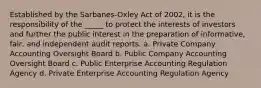 Established by the Sarbanes-Oxley Act of 2002, it is the responsibility of the _____ to protect the interests of investors and further the public interest in the preparation of informative, fair, and independent audit reports. a. Private Company Accounting Oversight Board b. Public Company Accounting Oversight Board c. Public Enterprise Accounting Regulation Agency d. Private Enterprise Accounting Regulation Agency