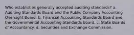 Who establishes generally accepted auditing standards? a. Auditing Standards Board and the Public Company Accounting Oversight Board. b. Financial Accounting Standards Board and the Governmental Accounting Standards Board. c. State Boards of Accountancy. d. Securities and Exchange Commission.