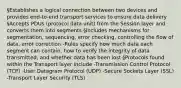 §Establishes a logical connection between two devices and provides end-to-end transport services to ensure data delivery §Accepts PDUs (protocol data unit) from the Session layer and converts them into segments §Includes mechanisms for segmentation, sequencing, error checking, controlling the flow of data, error correction -Rules specify how much data each segment can contain, how to verify the integrity of data transmitted, and whether data has been lost §Protocols found within the Transport layer include -Transmission Control Protocol (TCP) -User Datagram Protocol (UDP) -Secure Sockets Layer (SSL) -Transport Layer Security (TLS)