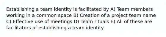 Establishing a team identity is facilitated by A) Team members working in a common space B) Creation of a project team name C) Effective use of meetings D) Team rituals E) All of these are facilitators of establishing a team identity