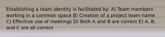 Establishing a team identity is facilitated by: A) Team members working in a common space B) Creation of a project team name C) Effective use of meetings D) Both A and B are correct E) A, B, and C are all correct