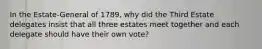 In the Estate-General of 1789, why did the Third Estate delegates insist that all three estates meet together and each delegate should have their own vote?