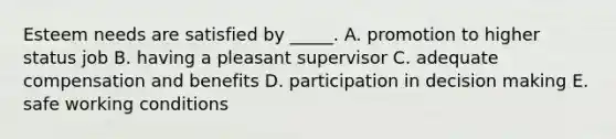 Esteem needs are satisfied by _____. A. promotion to higher status job B. having a pleasant supervisor C. adequate compensation and benefits D. participation in decision making E. safe working conditions