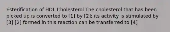 Esterification of HDL Cholesterol The cholesterol that has been picked up is converted to [1] by [2]; its activity is stimulated by [3] [2] formed in this reaction can be transferred to [4]