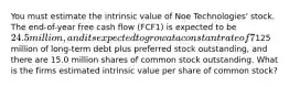 You must estimate the intrinsic value of Noe Technologies' stock. The end-of-year free cash flow (FCF1) is expected to be 24.5 million, and its expected to grow at a constant rate of 7% a year thereafter. The company's WACC is 10%, it has125 million of long-term debt plus preferred stock outstanding, and there are 15.0 million shares of common stock outstanding. What is the firms estimated intrinsic value per share of common stock?