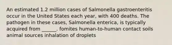 An estimated 1.2 million cases of Salmonella gastroenteritis occur in the United States each year, with 400 deaths. The pathogen in these cases, Salmonella enterica, is typically acquired from ______. fomites human-to-human contact soils animal sources inhalation of droplets