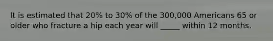 It is estimated that 20% to 30% of the 300,000 Americans 65 or older who fracture a hip each year will _____ within 12 months.