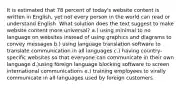 It is estimated that 78 percent of today's website content is written in English, yet not every person in the world can read or understand English. What solution does the text suggest to make website content more universal? a.) using minimal to no language on websites instead of using graphics and diagrams to convey messages b.) using language translation software to translate communication in all languages c.) having country-specific websites so that everyone can communicate in their own language d.)using foreign language blocking software to screen international communications e.) training employees to virally communicate in all languages used by foreign customers