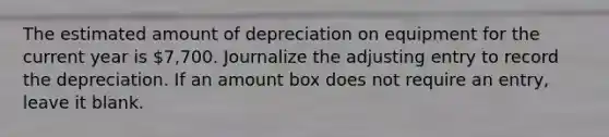 The estimated amount of depreciation on equipment for the current year is 7,700. Journalize the adjusting entry to record the depreciation. If an amount box does not require an entry, leave it blank.