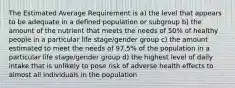 The Estimated Average Requirement is a) the level that appears to be adequate in a defined population or subgroup b) the amount of the nutrient that meets the needs of 50% of healthy people in a particular life stage/gender group c) the amount estimated to meet the needs of 97.5% of the population in a particular life stage/gender group d) the highest level of daily intake that is unlikely to pose risk of adverse health effects to almost all individuals in the population