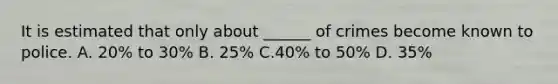 It is estimated that only about ______ of crimes become known to police. A. 20% to 30% B. 25% C.40% to 50% D. 35%