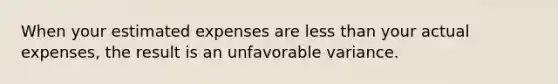 When your estimated expenses are less than your actual expenses, the result is an unfavorable variance.