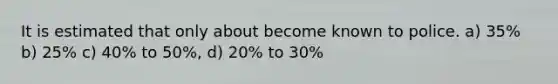 It is estimated that only about become known to police. a) 35% b) 25% c) 40% to 50%, d) 20% to 30%