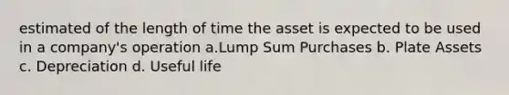 estimated of the length of time the asset is expected to be used in a company's operation a.Lump Sum Purchases b. Plate Assets c. Depreciation d. Useful life