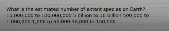 What is the estimated number of extant species on Earth? 10,000,000 to 100,000,000 5 billion to 10 billion 500,000 to 1,000,000 1,000 to 50,000 50,000 to 150,000