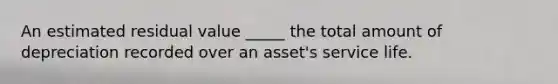 An estimated residual value _____ the total amount of depreciation recorded over an asset's service life.