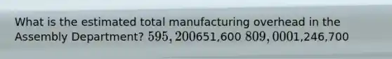 What is the estimated total manufacturing overhead in the Assembly Department? 595,200651,600 809,0001,246,700