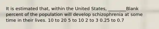 It is estimated that, within the United States, ________Blank percent of the population will develop schizophrenia at some time in their lives. 10 to 20 5 to 10 2 to 3 0.25 to 0.7